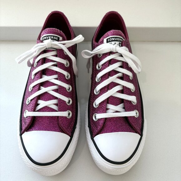 Converse CTAS Glitter Lift Platform Ox Sneakers Low Top Sparkle Party Berry Pink - Picture 5 of 7